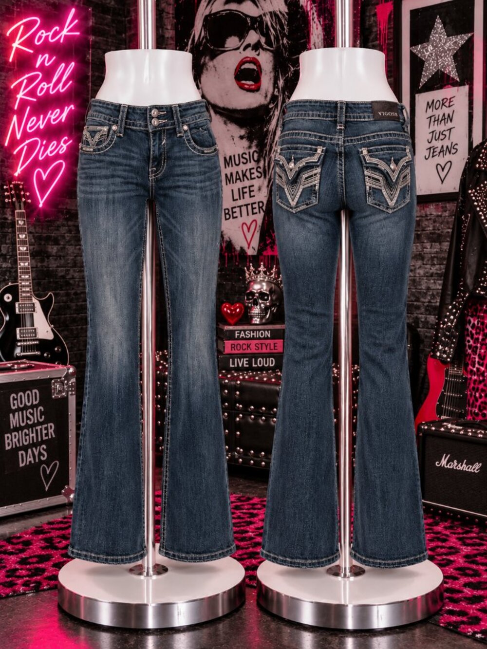 Vigoss Dark Wash Bootcut Jeans 29x32 Y2K Rocker Embroidered V Pockets